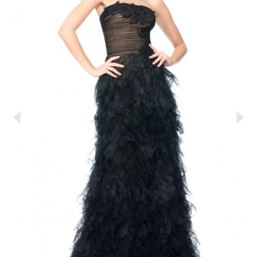 This is a black flamingo gown from the brand tadashi shoji